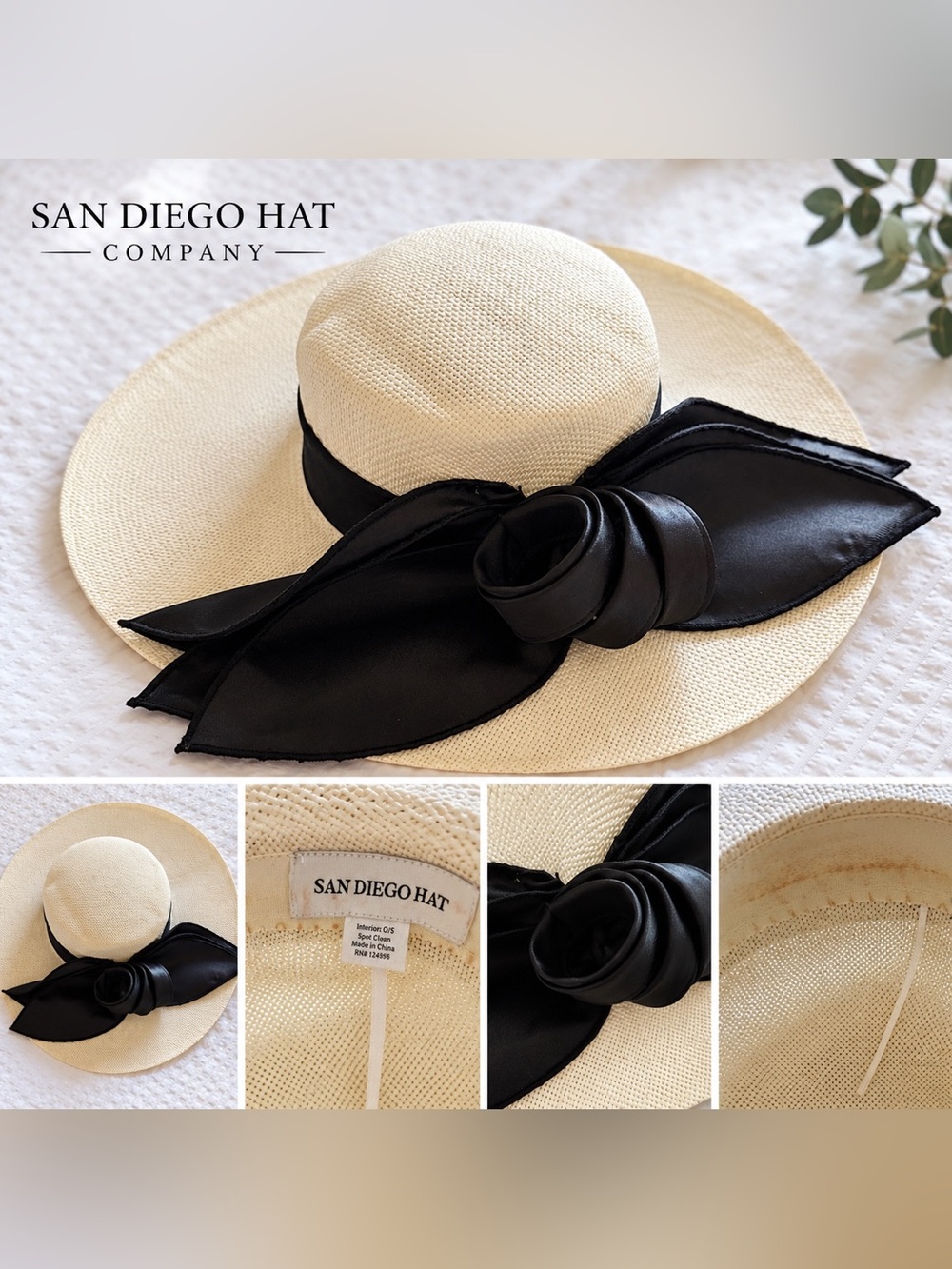 San Diego Hat Company Wide Brim Floral Bow Detail Dress Hat in Cream & Black